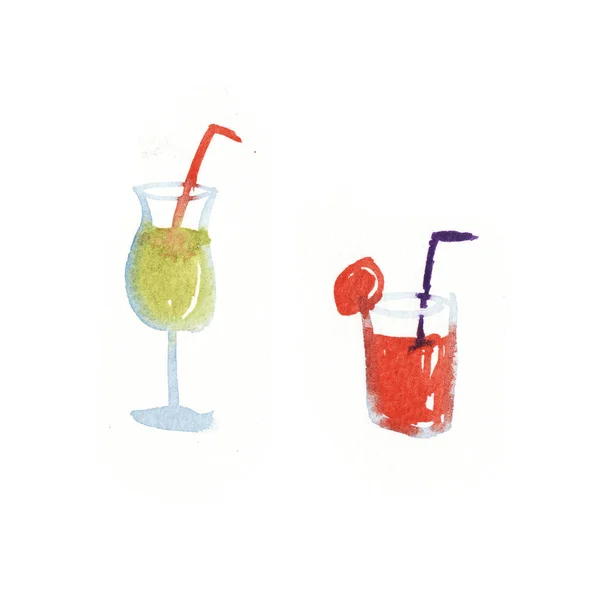 Hand drawn watercolor set glasses with cocktails isolated on white background