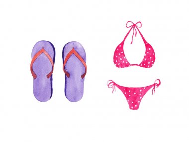 beyaz arka plan üzerinde izole beachwear el çizilmiş suluboya seti. Pembe mayo ve sandalet, menekşe parmak arası terlik