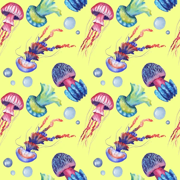 Sarı arka planda renkli denizanası ile suluboya Dikişsiz desen — Stok fotoğraf