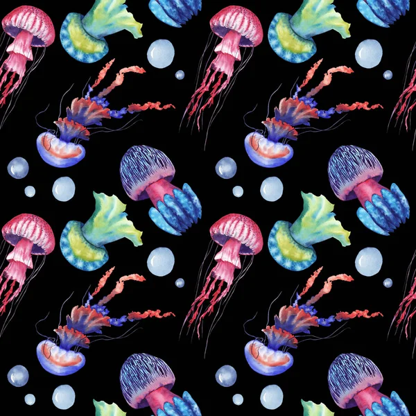 watercolor seamless pattern with colorful jellyfish on black background