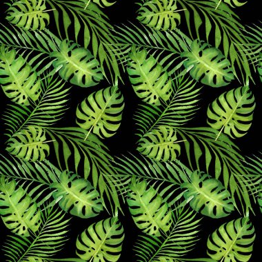 yeşil monstera yaprakları ve palmiye ağacı siyah yaprakları ile suluboya çiçek tropikal dikişsiz desen