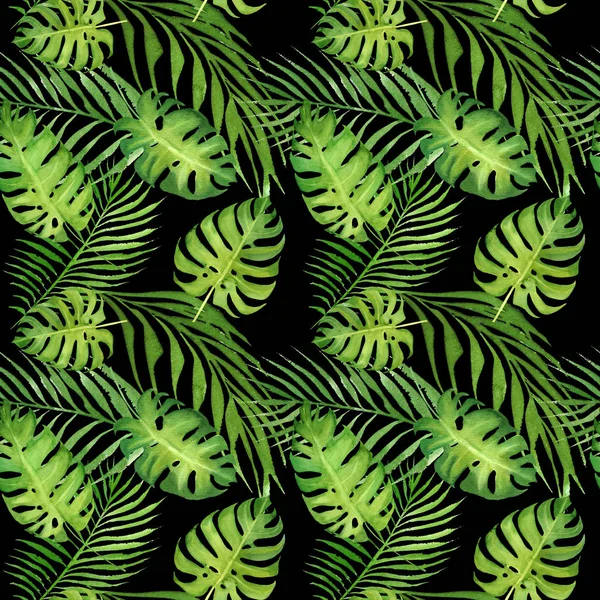Akvarell blommig tropisk sömlös mönster med gröna monstera blad och Palm löv på svart — Stockfoto