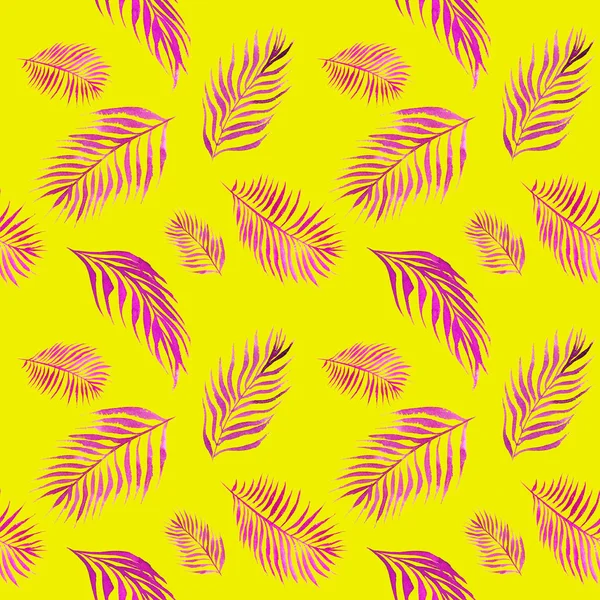 Akvarell sömlösa mönster med rosa palmträd löv på gult — Stockfoto