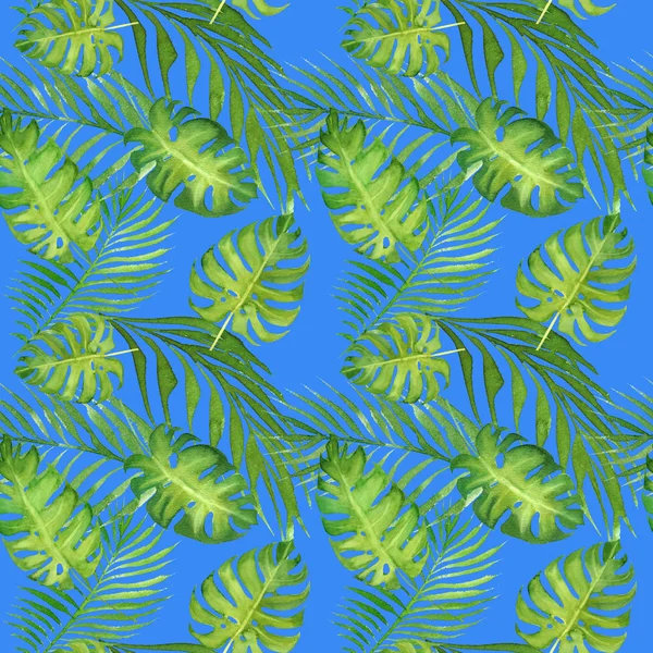 Watercolor floral tropical seamless pattern with green monstera leaves and palm tree leaves on blue — Stock Photo, Image