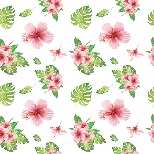 Akvarell blommig tropisk sömlös mönster med gröna monstera blad och rosa hibiskus blommor på vit bakgrund — Stockfoto