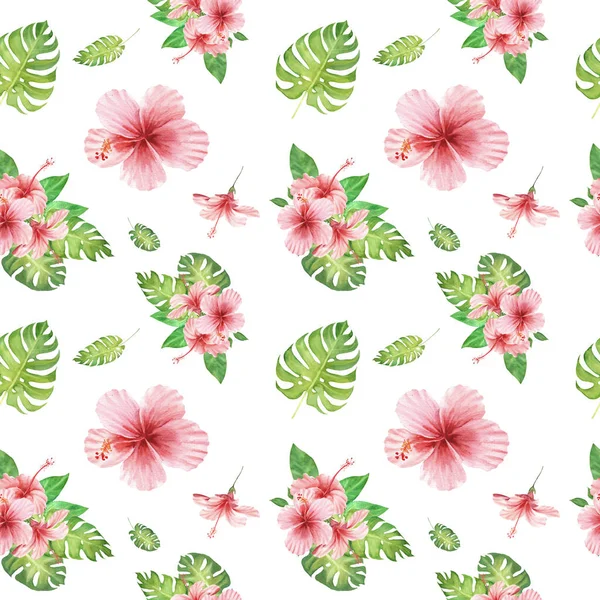 watercolor floral tropical seamless pattern with green monstera leaves and pink hibiscus flowers on white  background