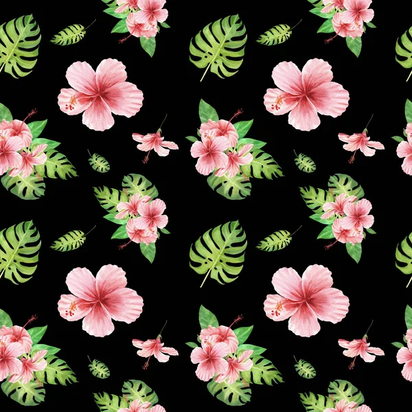 Acuarela floral tropical patrón sin costuras con hojas de monstera verde y flores de hibisco rosa sobre fondo negro — Foto de Stock