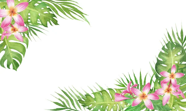 Aquarell tropischen Rand Rahmen mit Monstera, Palmenblättern und Blume Frangipani isoliert auf weißem Hintergrund — Stockfoto