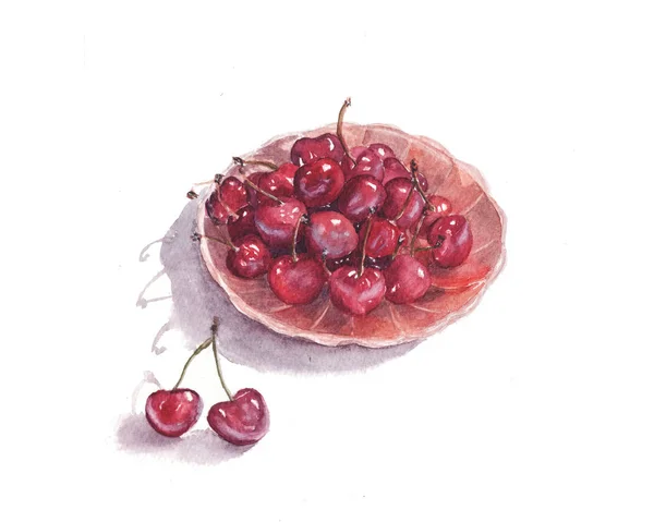 Акварельная иллюстрация сочной красной вишни на белом фоне — стоковое фото