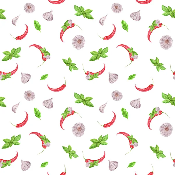 흰색 배경에 수채화 야채 원활한 패턴입니다. 마늘, 바질 잎, 칠리 페퍼. — 스톡 사진