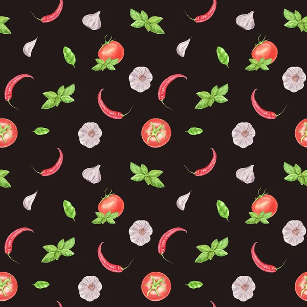 Watercolor vegetable seamless pattern on brown background. Garlic, basil leaf, tomato, chili pepper. — Stock Photo, Image