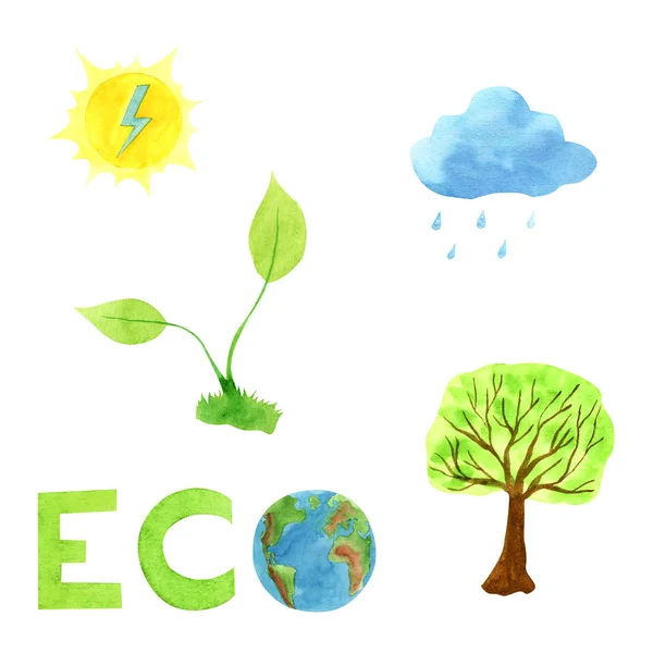 Aquarela ilustração ecologia conceito conjunto, letras desenhadas à mão — Fotografia de Stock