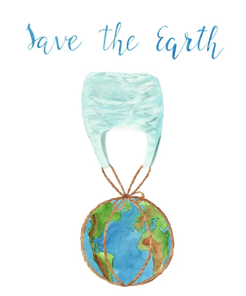 watercolor illustration no plastic concept, earth with plastic bag