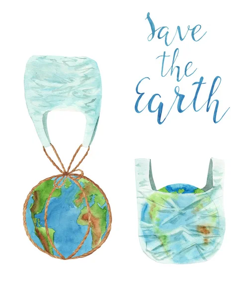 Ilustracja akwarela bez plastikowego zestawu koncepcyjnego, Ziemia w torebce plastikowej — Zdjęcie stockowe