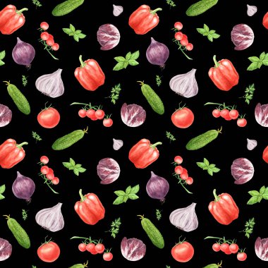 Suluboya sebze dikişsiz desen. Sarımsak, fesleğen yaprağı, biber, salatalık, kiraz domates, arugula yaprağı