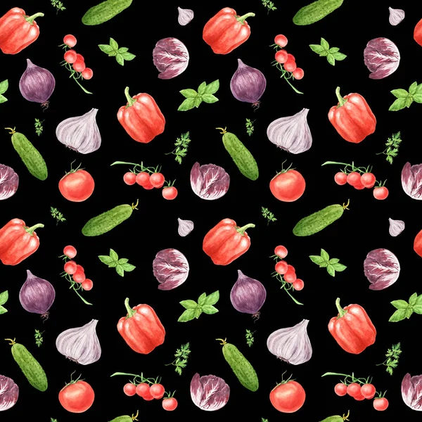 Acquerello vegetale modello senza soluzione di continuità. Aglio, foglia di basilico, peperone, cetriolo, pomodoro ciliegia, rucola — Foto Stock