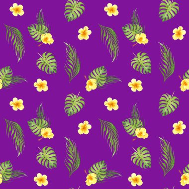 yeşil monstera yaprakları ve sarı hibiscus çiçekleri ile suluboya çiçek tropikal dikişsiz desen