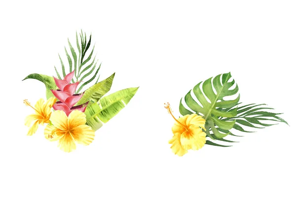 Akvarell tropiska bukett set med monstera blad och hibiskus blommor — Stockfoto