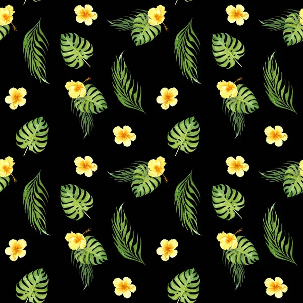 Yeşil monstera yaprakları ve sarı hibiscus çiçekleri ile suluboya çiçek tropikal dikişsiz desen — Stok fotoğraf