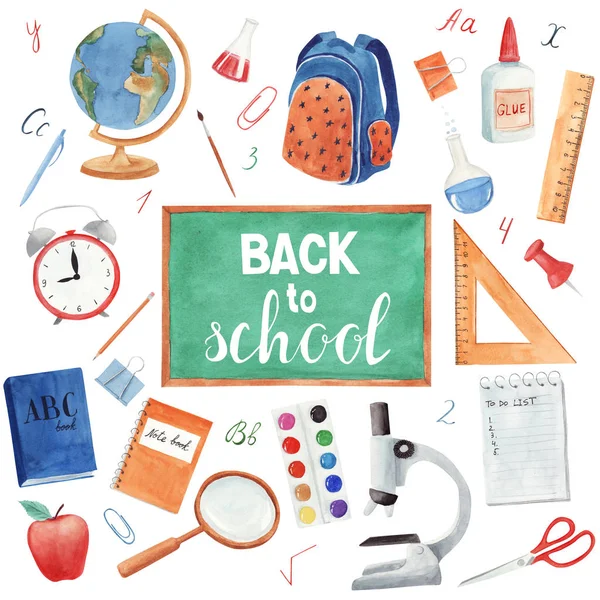 Back to school. Background with school supplies on white
