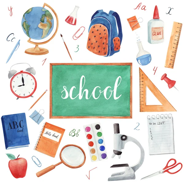 Back to school. Background with school supplies on white