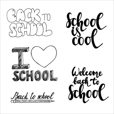 Beyaz arka planda yalıtılmış okula dönüş için el çizilmiş metin kümesi.