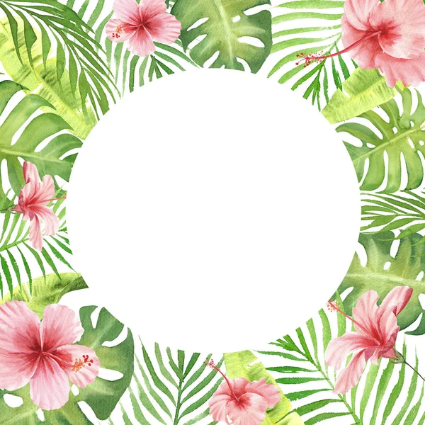 Akvarell kant ram gröna tropiska blad och blommor — Stockfoto