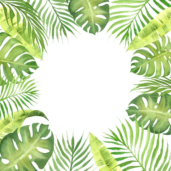 Aquarellrahmen mit grünen tropischen Blättern — Stockfoto