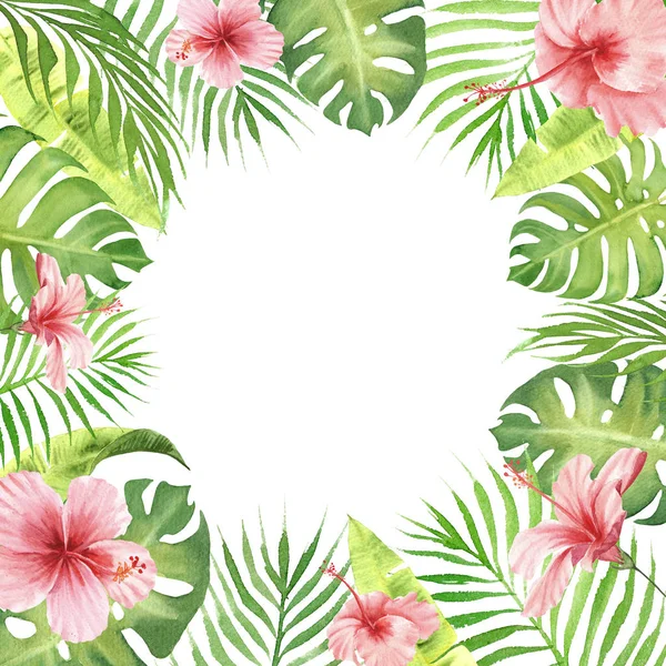 Aquarell Rand Rahmen grüne tropische Blätter und Blumen — Stockfoto