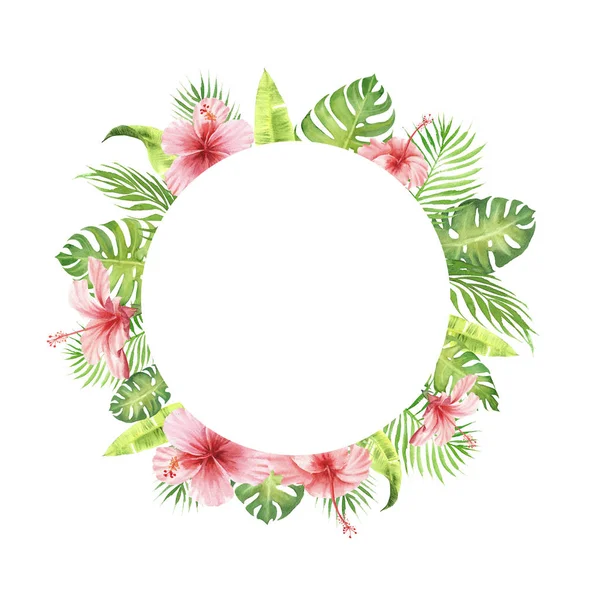 Watercolor border frame green tropical leaves and flowers — Stock Photo, Image