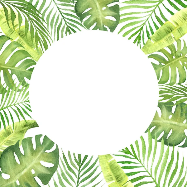 Aquarellrahmen mit grünen tropischen Blättern — Stockfoto