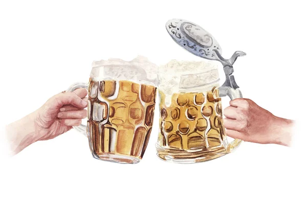 Hand drawn watercolor illustration clink beer glasses with hand — Stock Photo, Image