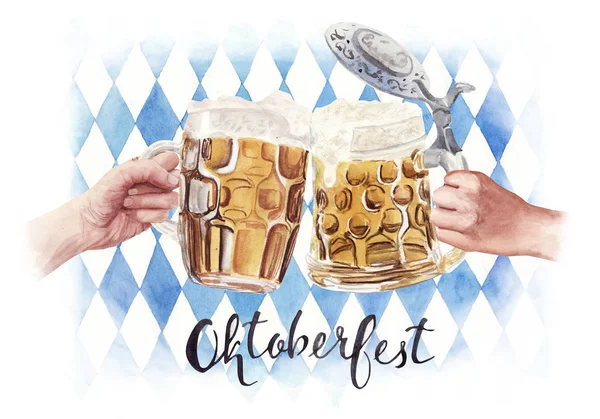 Handgezeichnete Aquarell-Illustration klirrt Biergläser mit der Hand — Stockfoto