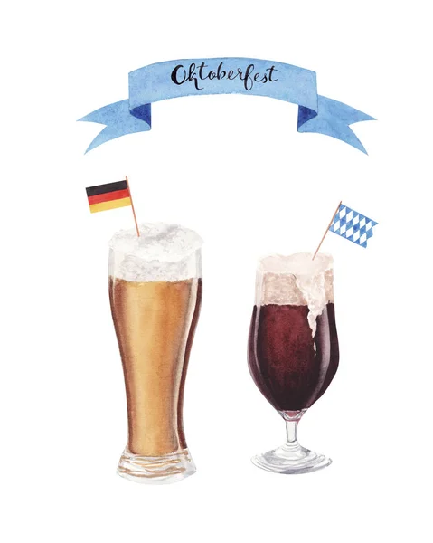 手绘水彩杯啤酒与丹麦和蓝色和白色巴伐利亚国旗 — 图库照片