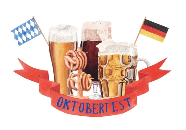 Watercolor ilustração copos de cerveja e pretzel isolado no fundo branco . — Fotografia de Stock