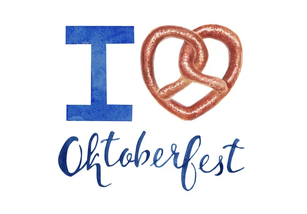 Ilustração desenhada à mão para Oktoberfest com pretzel e letras Eu amo oktoberfest — Fotografia de Stock