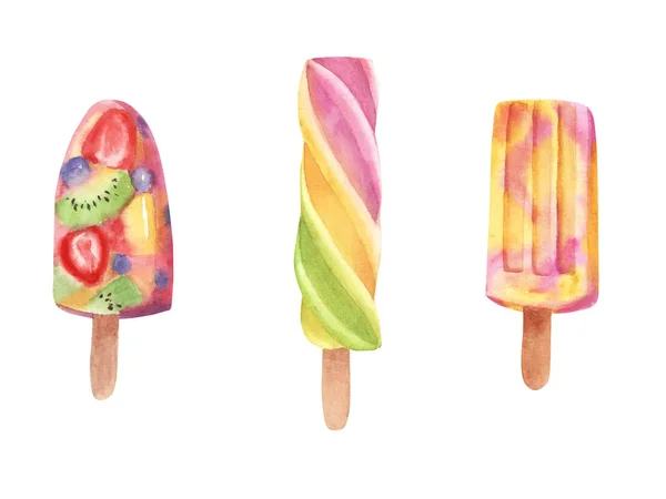 손으로 그린 수채화 아이스크림 세트 아이스 캔디와 과일 — 스톡 사진