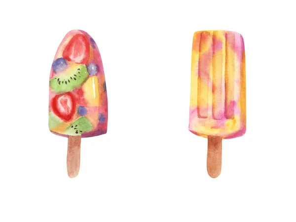 Hand drawn watercolor Ice cream set popsicles with fruits — Stock Photo, Image