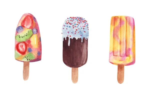 Hand drawn watercolor Ice cream set popsicles with fruits — Stock Photo, Image