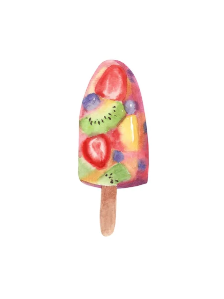 手绘水彩彩色冰淇淋冰棒与水果 — 图库照片