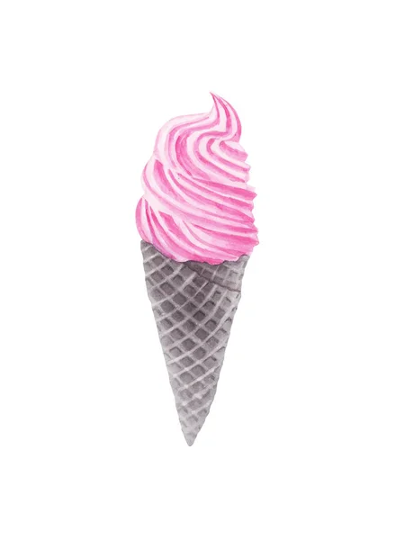와플 콘에 손으로 그린 수채화 아이스크림. — 스톡 사진