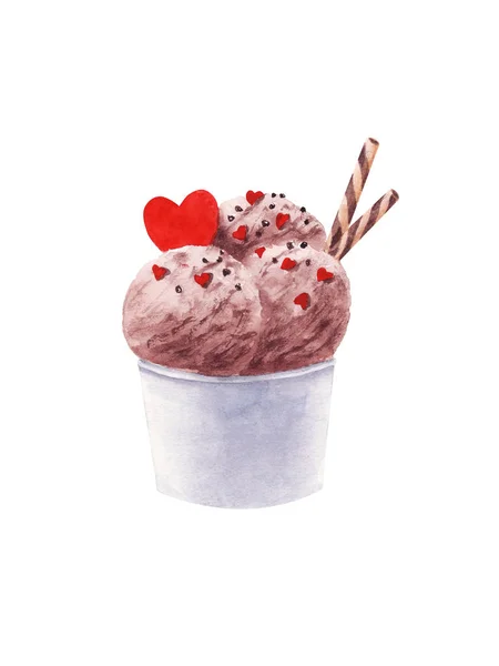 토핑과 하트가 있는 손으로 그린 수채화 초콜릿 아이스크림. — 스톡 사진
