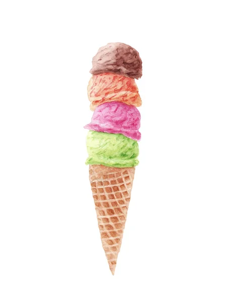 ワッフルコーンで手描き水彩アイスクリーム. — ストック写真