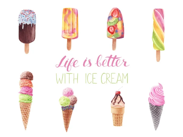 손으로 그린 수채화 아이스크림 세트 브러쉬 서예 — 스톡 사진