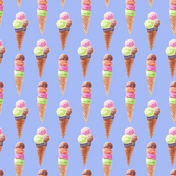 Seamless pattern with ice cream cones isolated on blue background