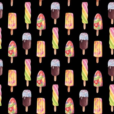 Siyah arka plan üzerinde izole dondurma popsicle sopa ile dikişsiz desen.