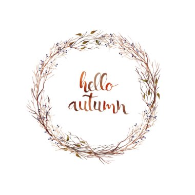 Güzel kırmızı, turuncu ve sarı sonbahar yaprakları ve çilek ile suluboya wreat. El yazısı yla yazılmış yazı Merhaba sonbahar.