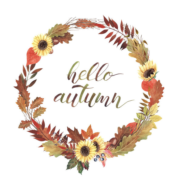 Watercolor wreat with beautiful red, orange and yellow autumn leaves and berries. Hand written lettering Hello autumn.