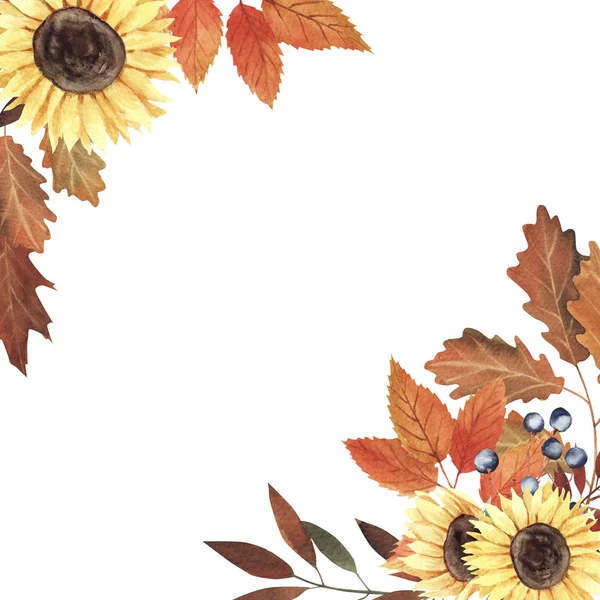 Ручна розфарбована акварельна композиція з осіннім листям та ягодами. Прекрасний осінній букет з квітами та листям . — стокове фото
