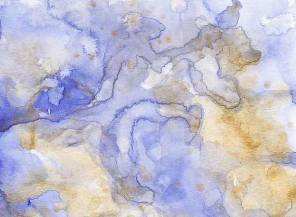 Handgezeichnetes Aquarell gold-blauer Hintergrund. Aquarellwäsche. — Stockfoto